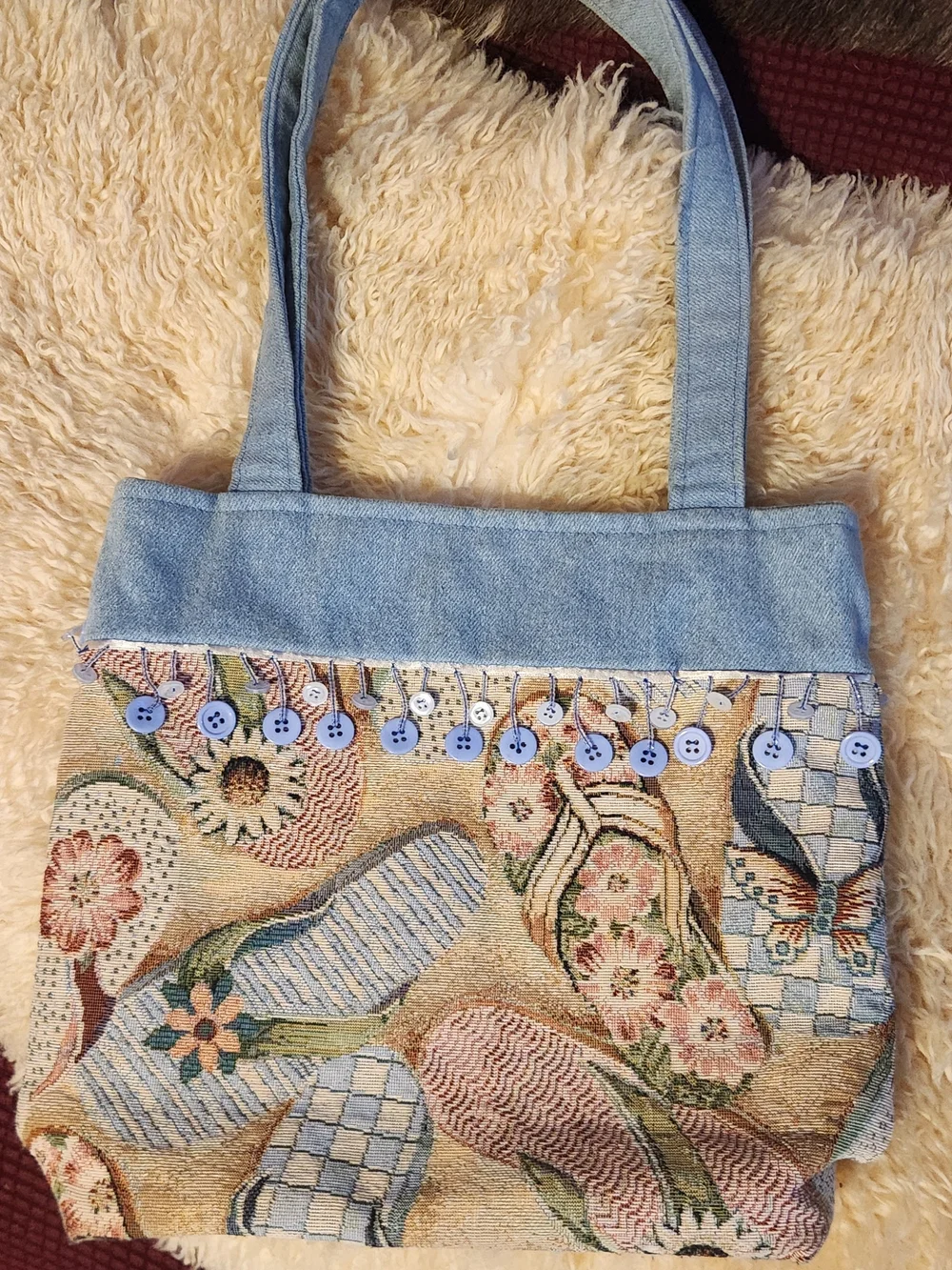 Denim-Trim Floral Tapestry Tote in Light Blue